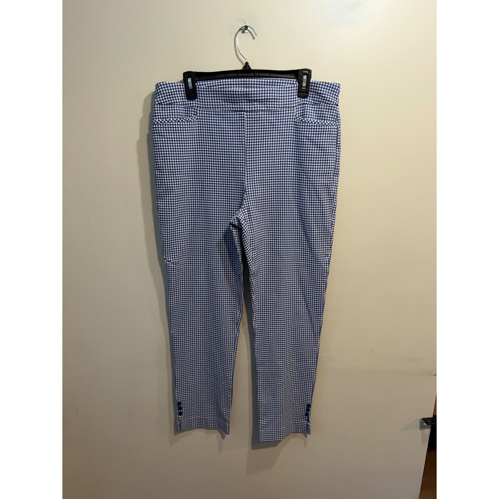Chicos Blue White Gingham Check Pull On Ankle Pants Size 2.5R 14R Button Hem
